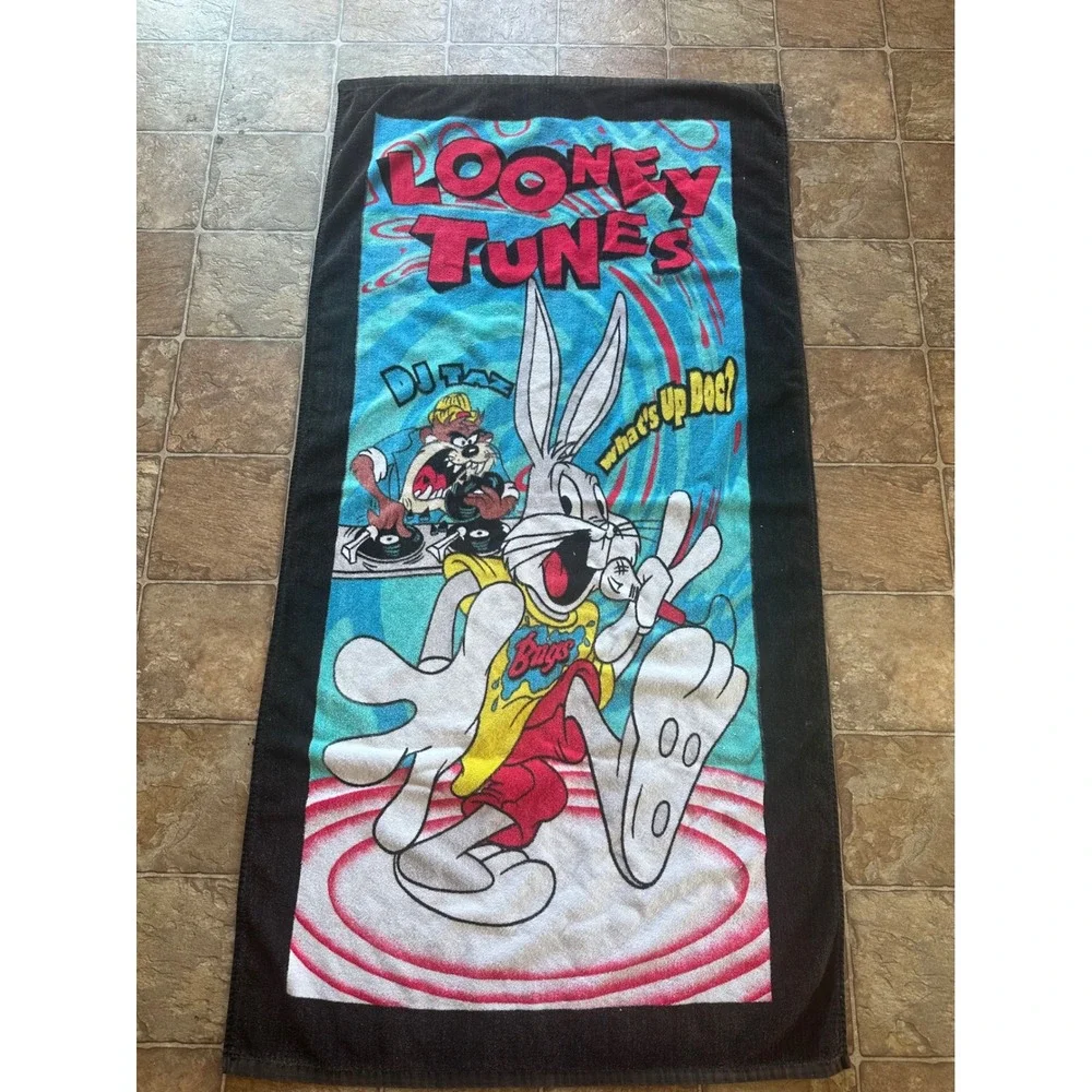 Vintage Looney Tunes Beach Towel Bugs Bunny DJ Taz Hip Hop Rapper 90s Black Blue